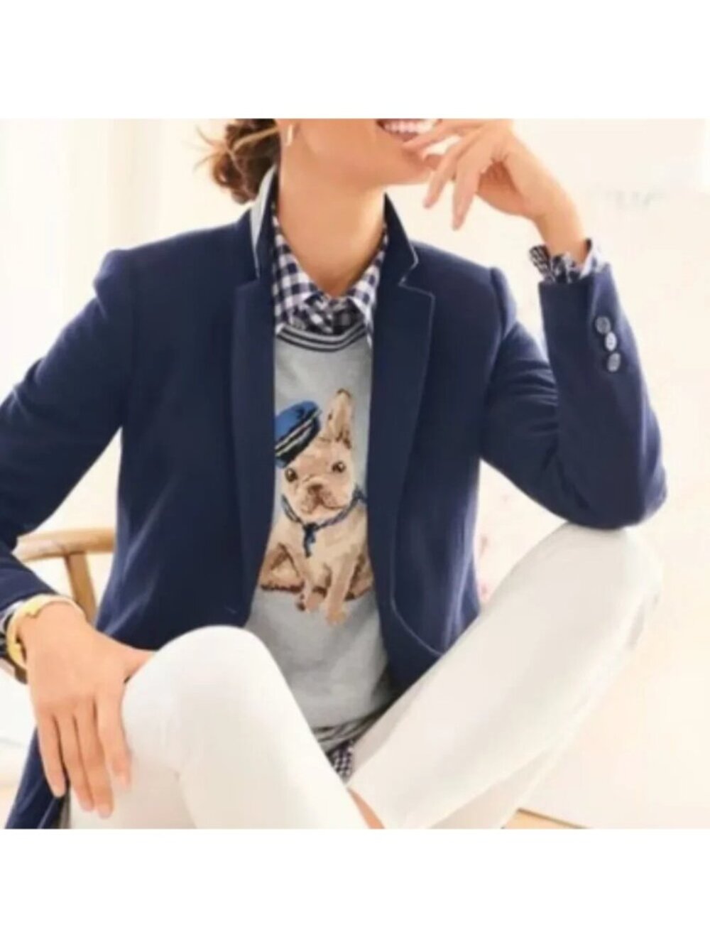 NEW $79 Talbots FRENCHIE DOG SWEATER women gray bulldog puppy cotton coastal PS